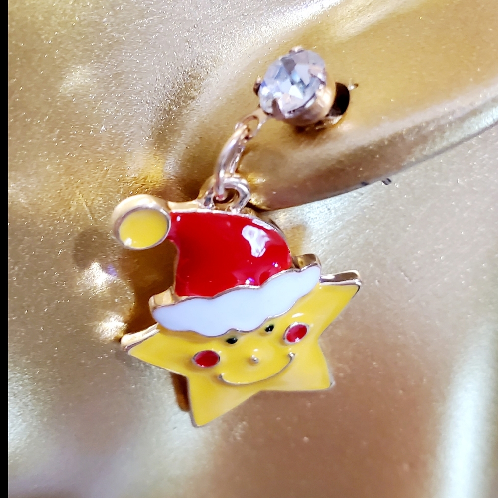 Gold plated crystal yellow red and white Christmas Santa Hat star earrings - Picture 6 of 12